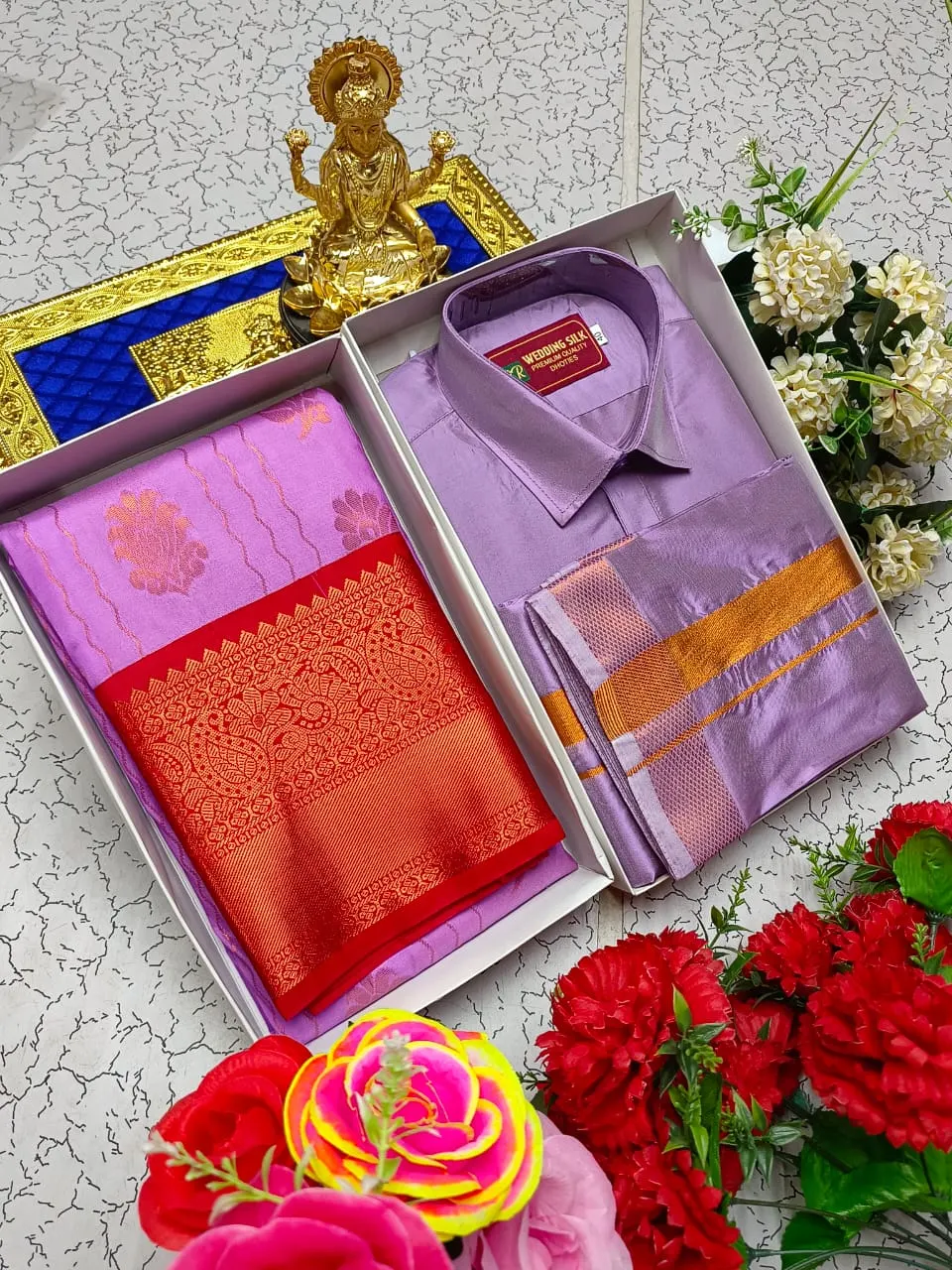 Lavender with Red Semi Silk Couple Combo